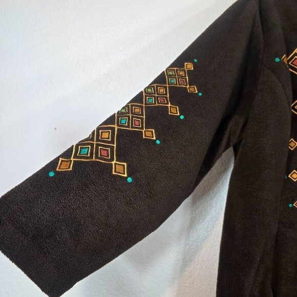 Bob Mackie Wearable Art Fleece Coat Jacket Women 1X Geometric Embroidered Brown - Picture 4 of 10